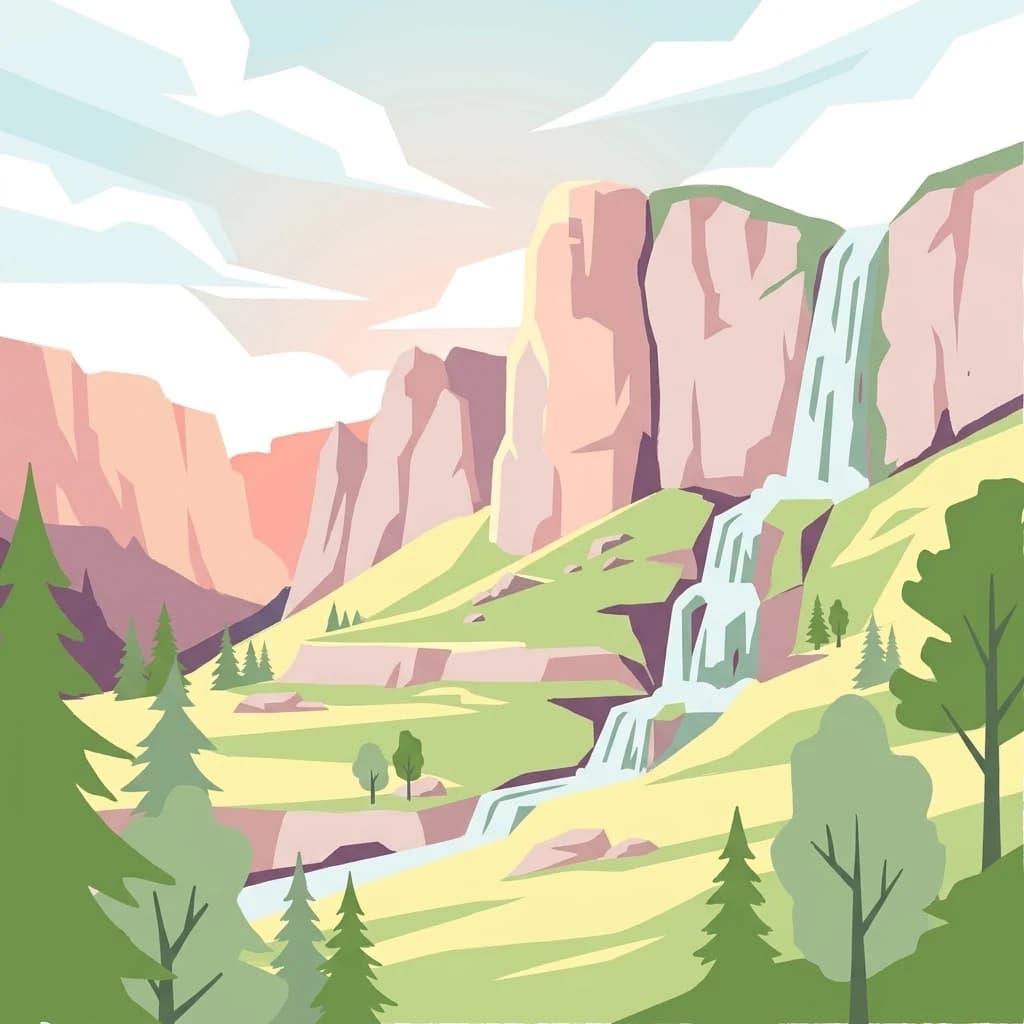 Vector illustration of a mountain landscape with cliffs, waterfall, green valleys, and pine trees.