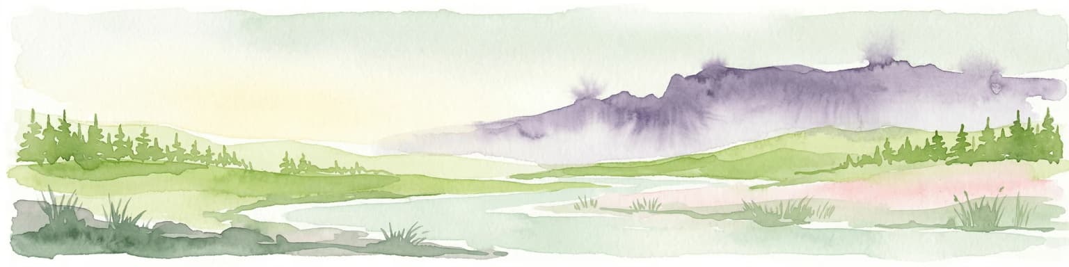 Watercolor painting of mountains, forests, and a body of water