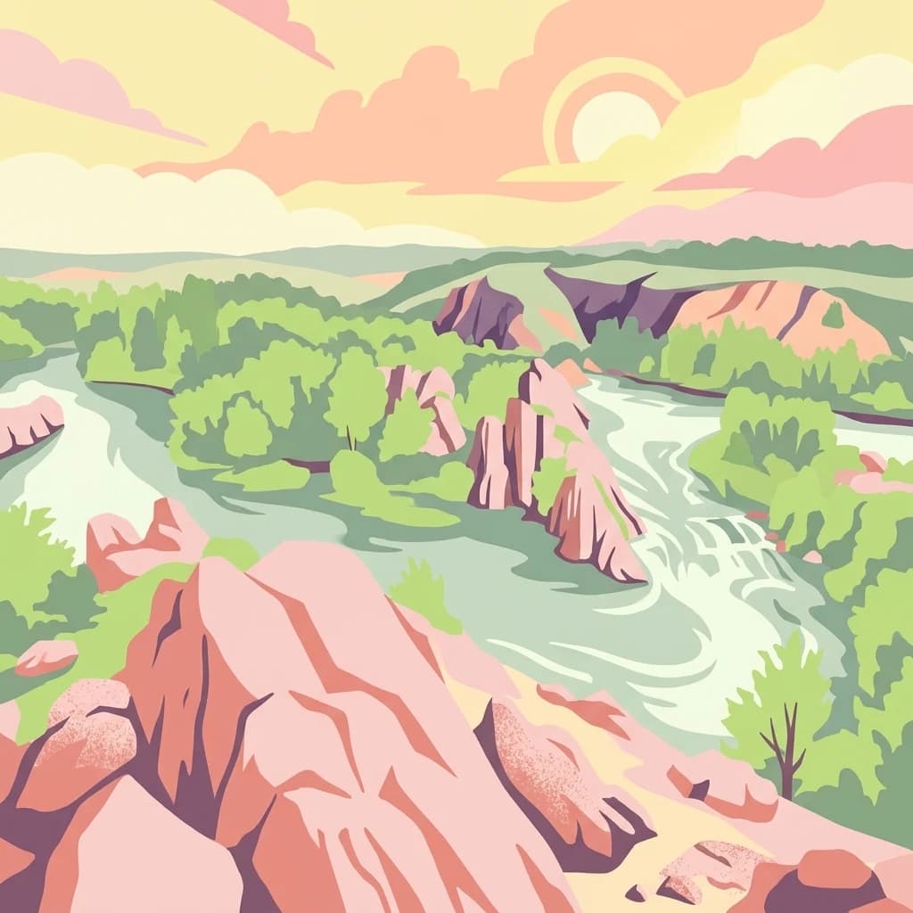Stylized illustration of a river flowing through rocky canyons with green vegetation, under a sunset sky with pink and yellow clouds