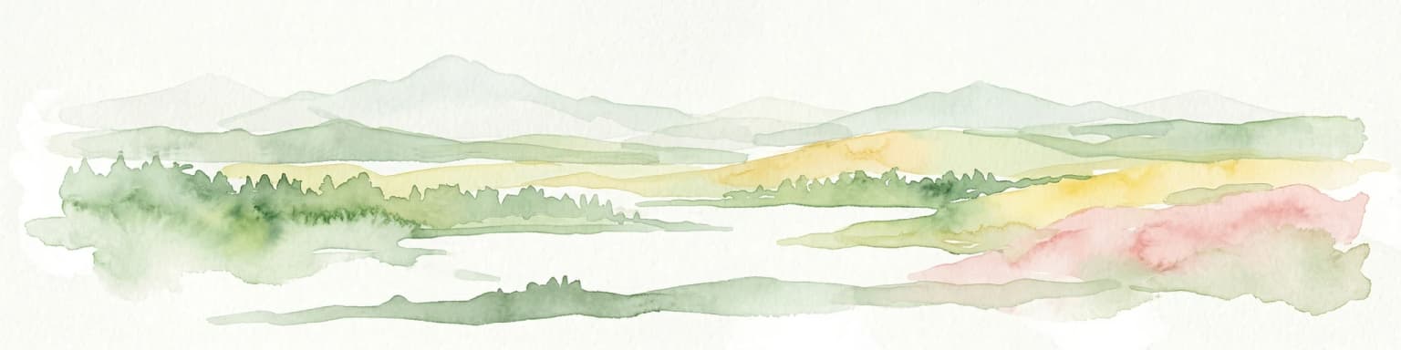 Watercolor illustration showing mountains, forests, and fields.