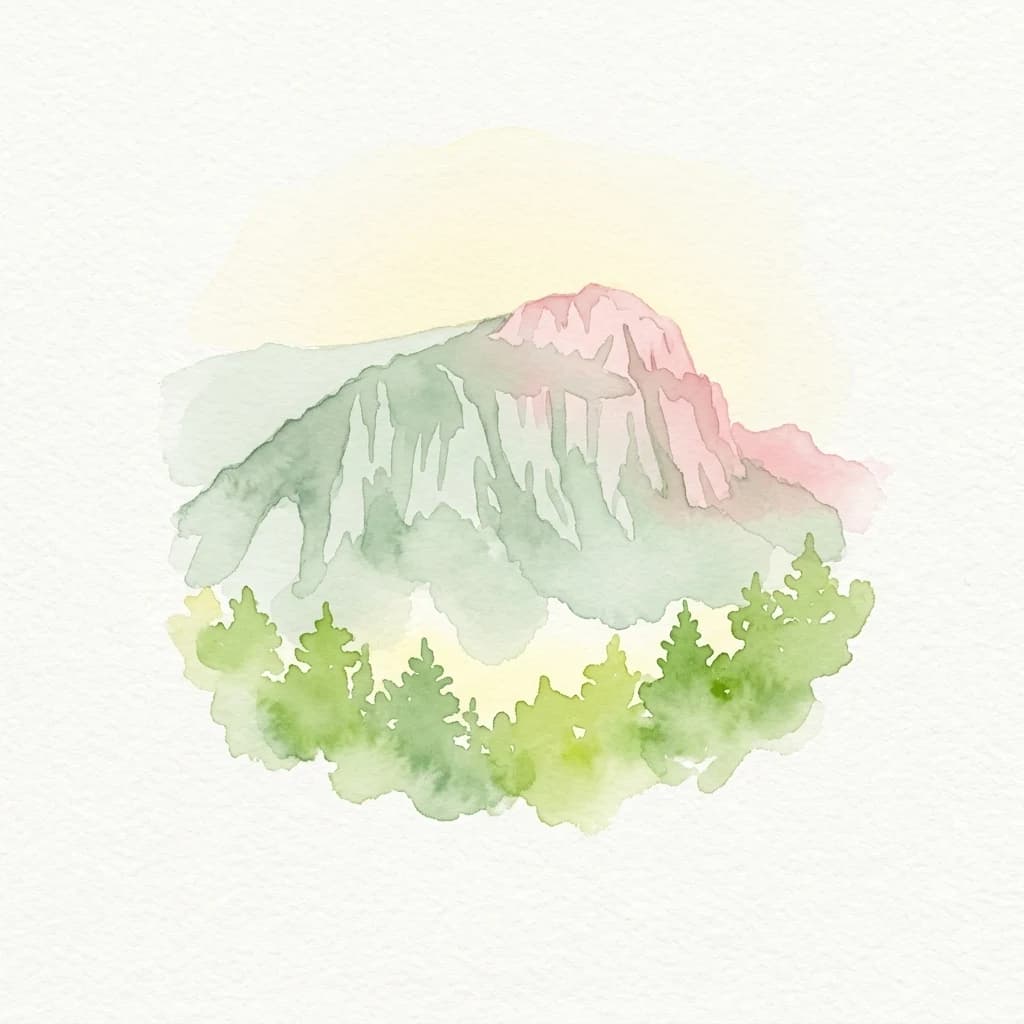 Watercolor illustration showing a mountain with green and pink hues surrounded by pine trees