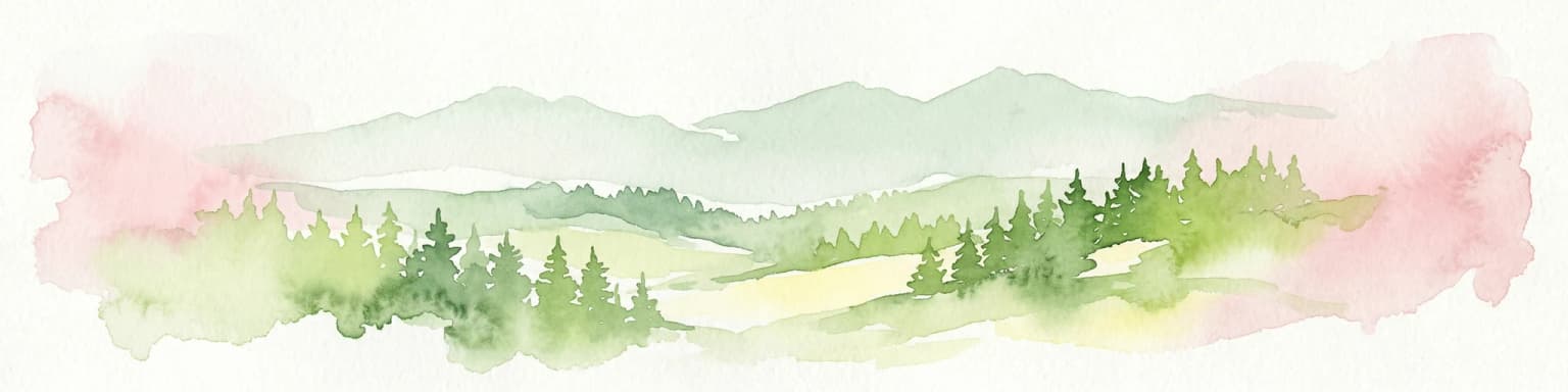 Watercolor illustration of a mountainous landscape with green forests, valleys, and distant mountains under a soft pink and green sky