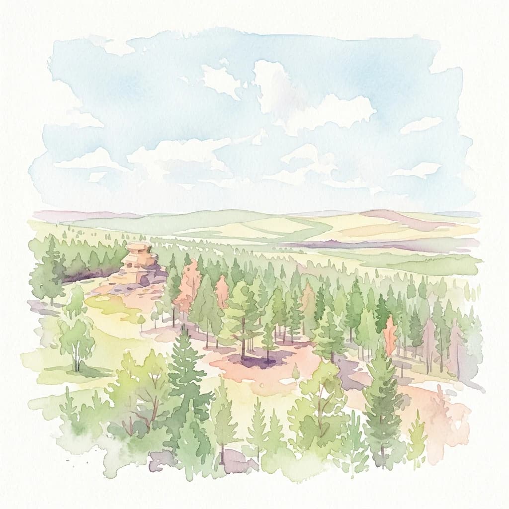 Watercolor painting showing forested hills, scattered trees, and a small structure in the midground