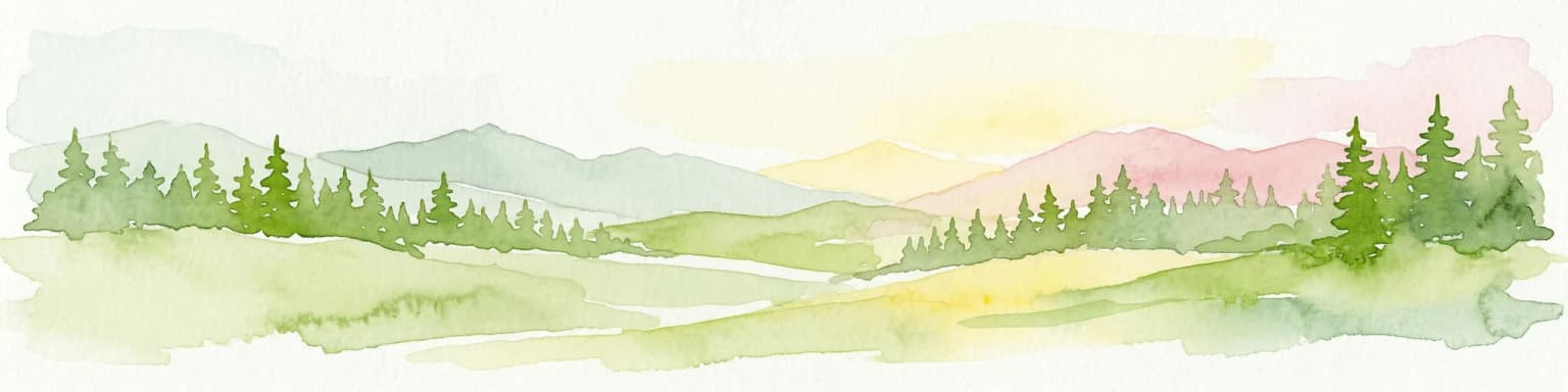Watercolor illustration of a landscape with green forests, rolling hills, and distant mountains under a soft sky