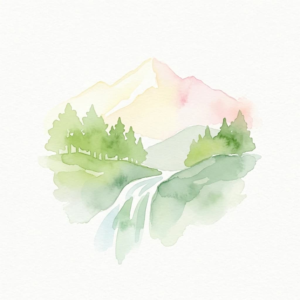 Watercolor painting depicting a mountain peak, green forest, and waterfall with reflection in water