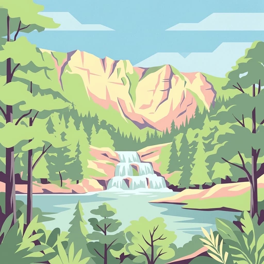 Illustration of a waterfall surrounded by forested mountains and a lake