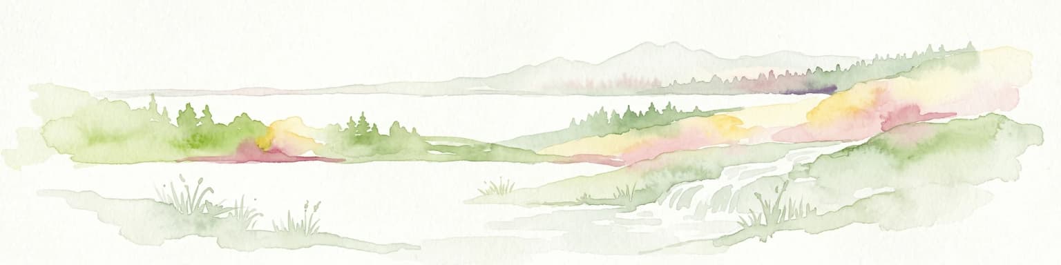 Watercolor painting showing a landscape with hills, a body of water, and vegetation