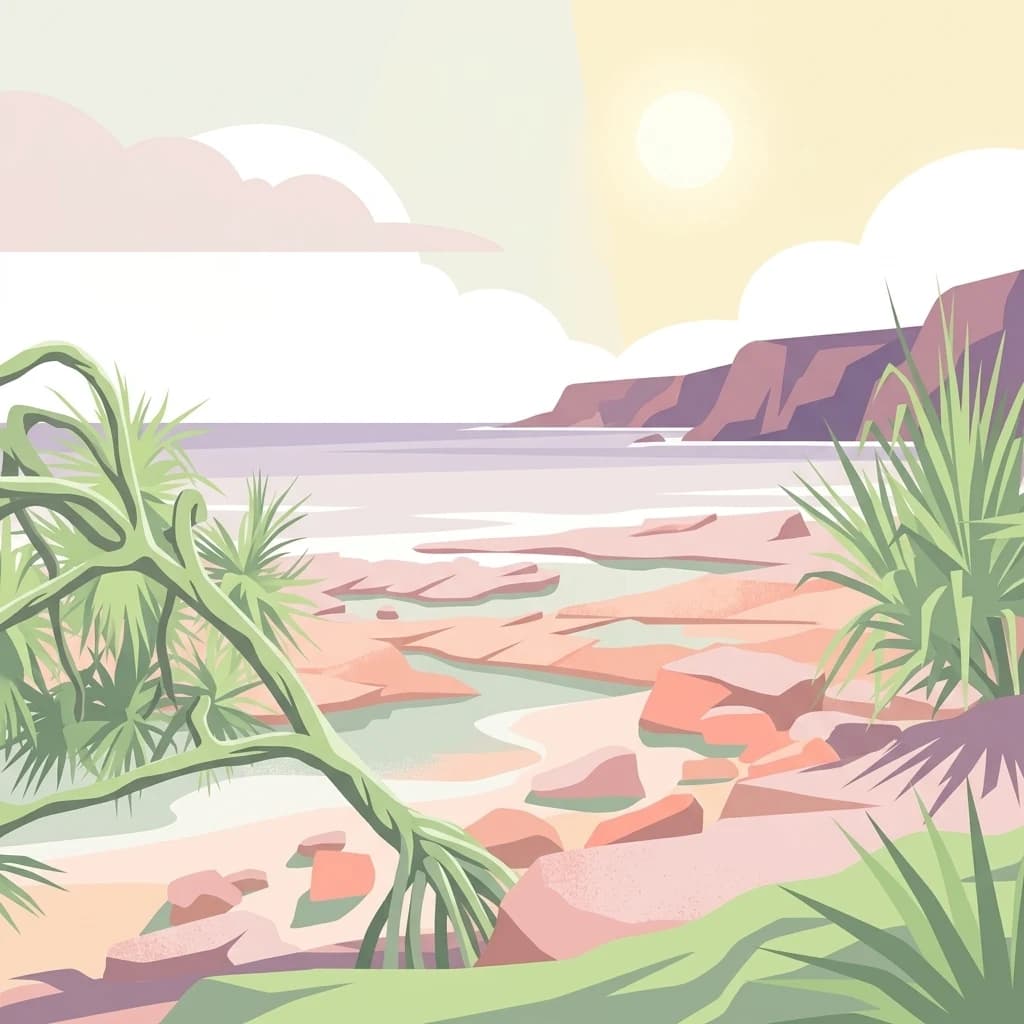 Ilustración estilizada de un paisaje costero con costa rocosa, acantilados y vegetación bajo un cielo parcialmente nublado con sol