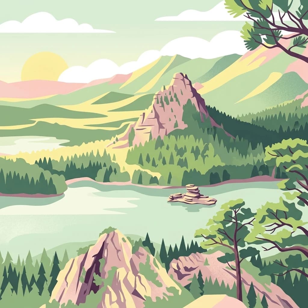 Stylized illustration of mountains, lakes, and forests in Burabay National Park