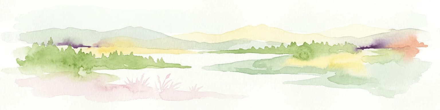Watercolor painting of a landscape with green forests, hills, and a body of water