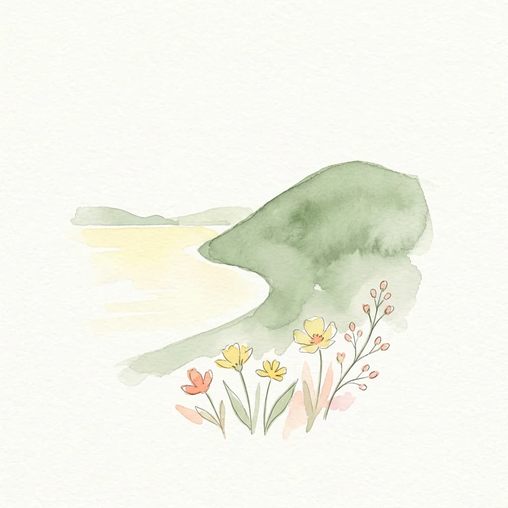Pintura de acuarela que representa una ladera verde, una masa de agua tranquila y plantas con flores coloridas