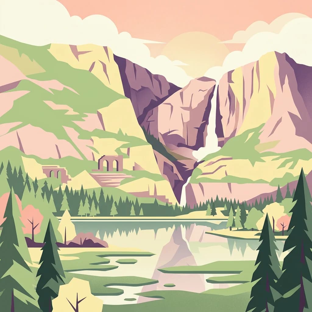 Illustration showing a mountainous landscape with waterfall, lake, pine forests, and ancient stone structures