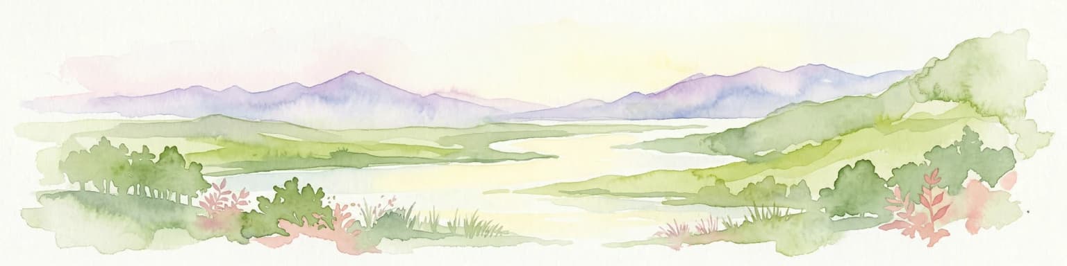Watercolor landscape painting showing a lake, distant mountains, and vegetation