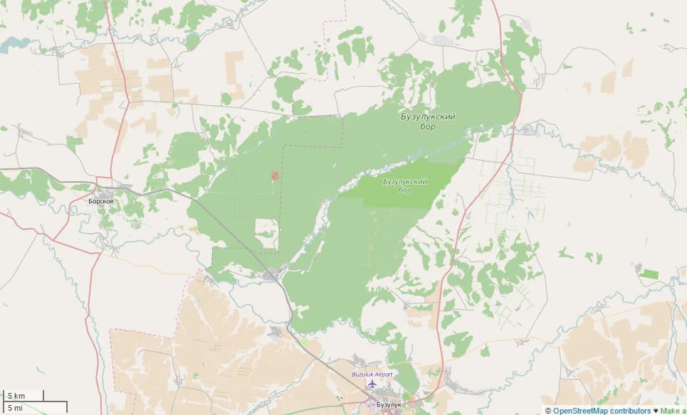 Satellite map view of Buzuluksky Bor National Park with green forested regions, surrounding steppe terrain, and road networks