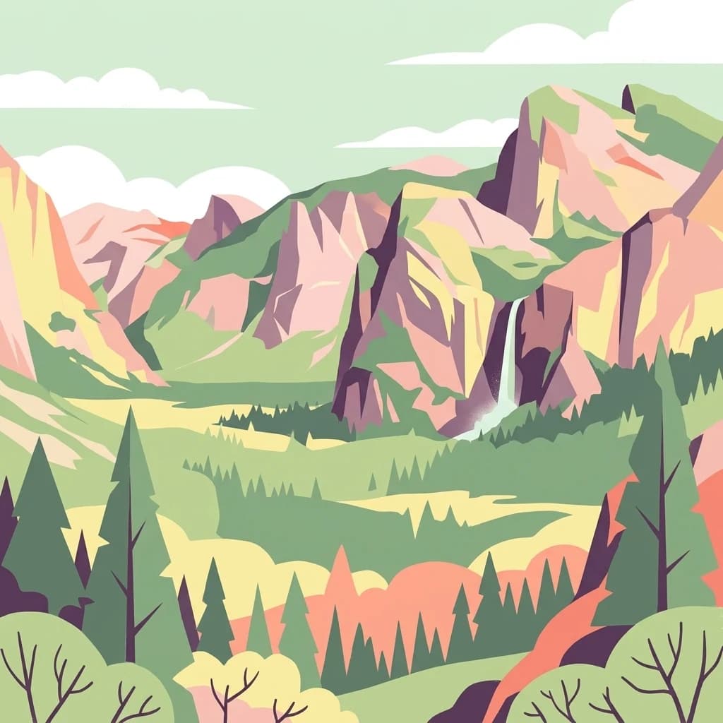 Stylized illustration of mountainous terrain with forests, a waterfall, and a valley under a partly cloudy sky