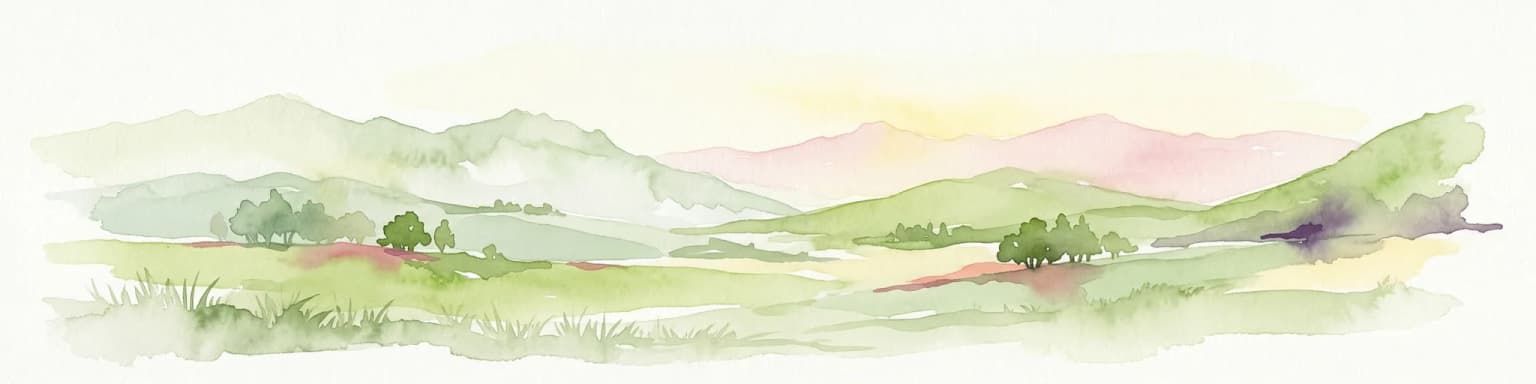 Watercolor painting showing green fields, scattered trees, and distant mountains under a light sky