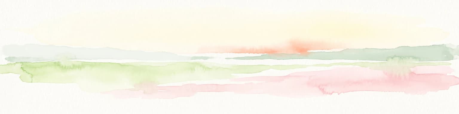 Una pintura abstracta en acuarela con suaves lavados horizontales de amarillo pálido, rosa y verde claro sobre un fondo blanco.