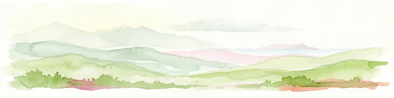 Watercolor painting showing green hills, mountain ranges, and soft pastel skies