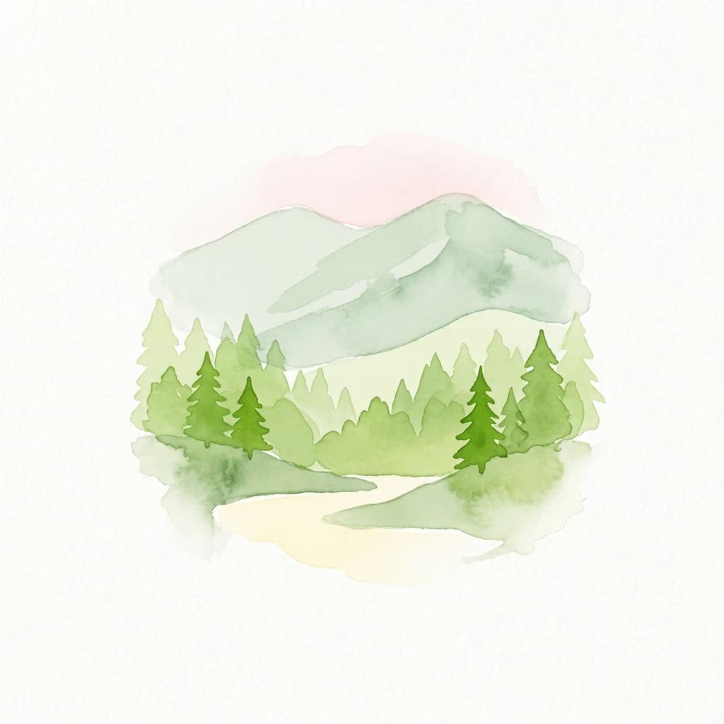 Watercolor illustration of mountains, forest, and a winding path