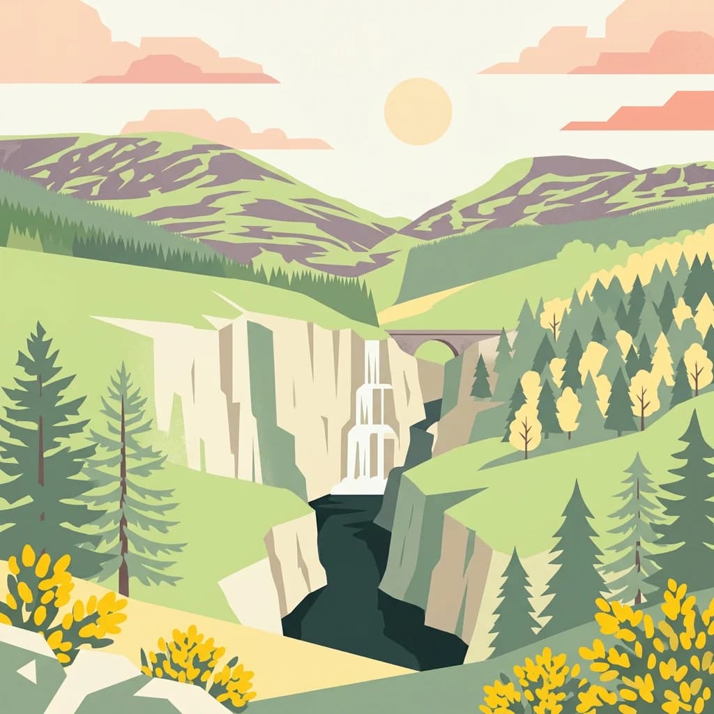 Stylized illustration showing mountains, cliffs, a waterfall, a bridge, and forested areas