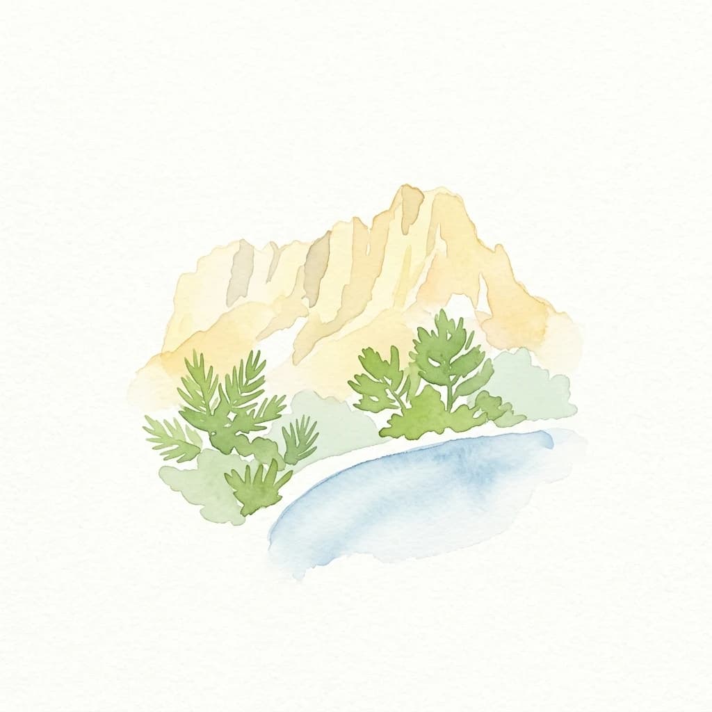 Watercolor painting of yellowish limestone cliffs, green shrubs, and blue water