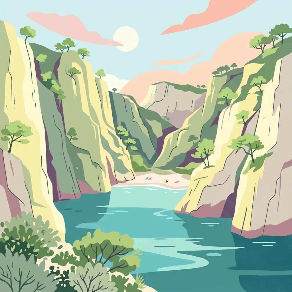 Illustration of limestone cliffs, turquoise water, and a small beach within a coastal calanque