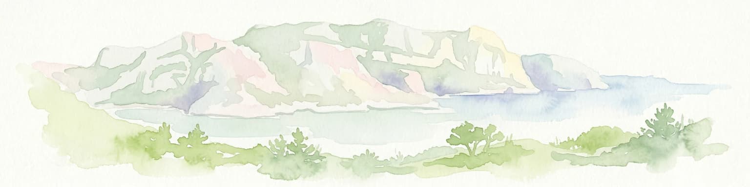 Watercolor illustration of coastal mountains and shoreline with scattered trees