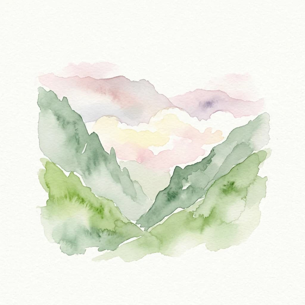 Watercolor painting showing green mountain slopes, misty valleys, and pastel-colored sky with pink and yellow clouds