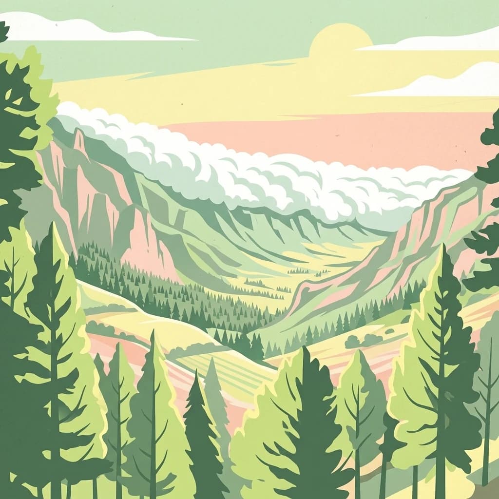Illustration showing a valley with dense forests, steep cliffs, and clouds under a sunset sky