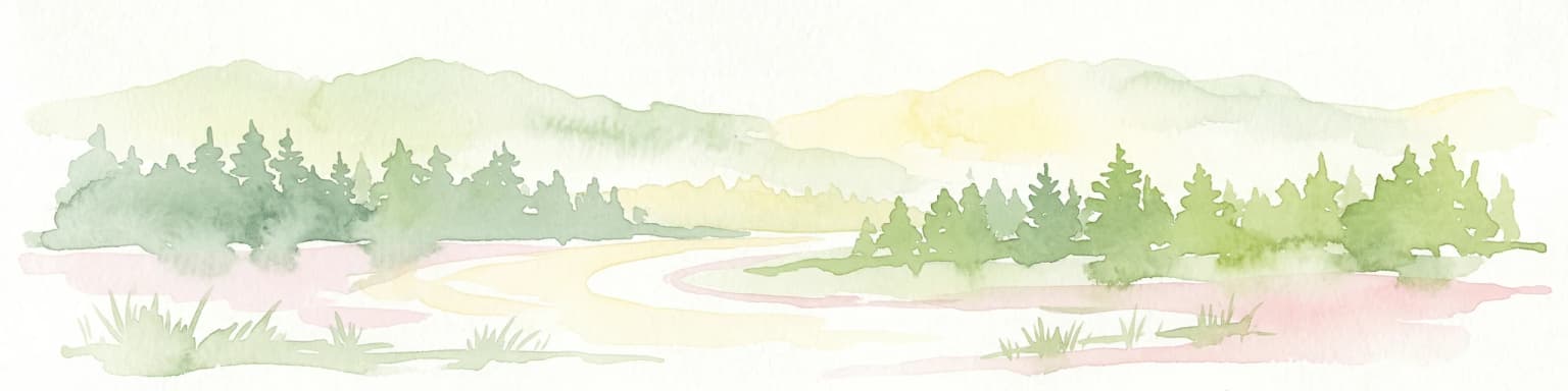 Watercolor illustration showing a mountainous landscape with green forests, a winding river, and distant hills