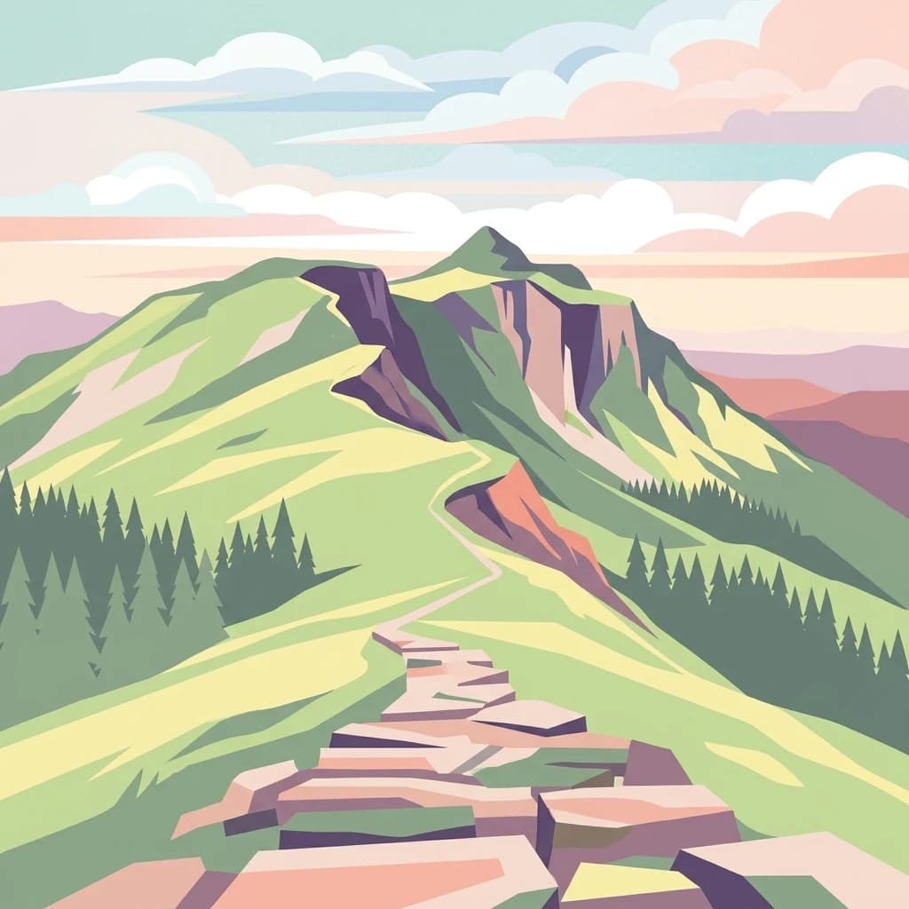 Illustrated mountain landscape with a stone trail leading up the slope