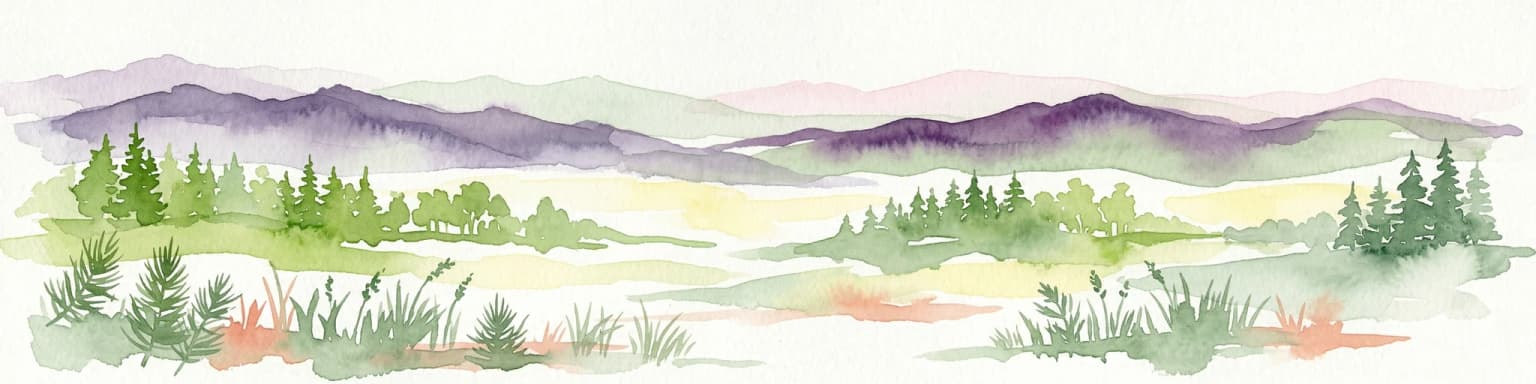 Watercolor illustration showing mountains, forests, and meadows with soft color transitions.