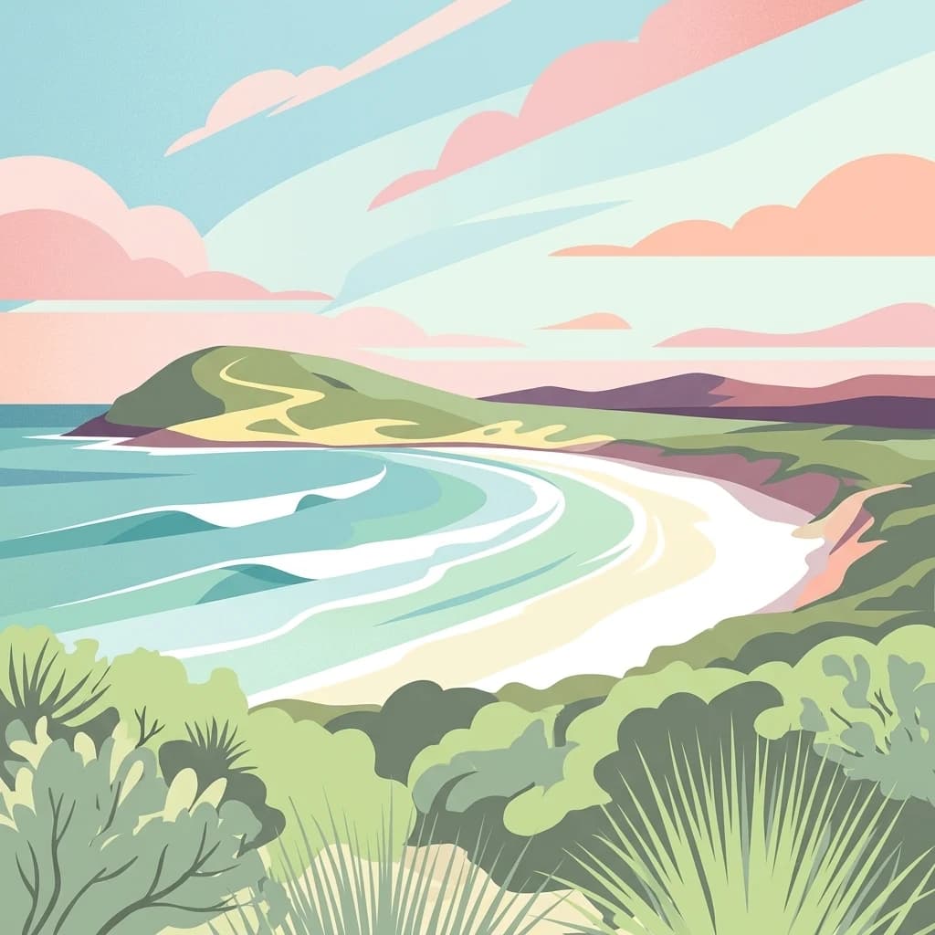 Ilustración estilizada de un paisaje costero con playa, olas del océano, colinas verdes y vegetación bajo un cielo colorido