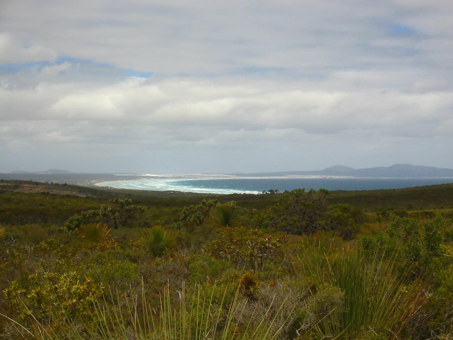 Amplia vista del paisaje costero que muestra una bahía con olas del océano, vegetación densa y cabos distantes bajo un cielo nublado