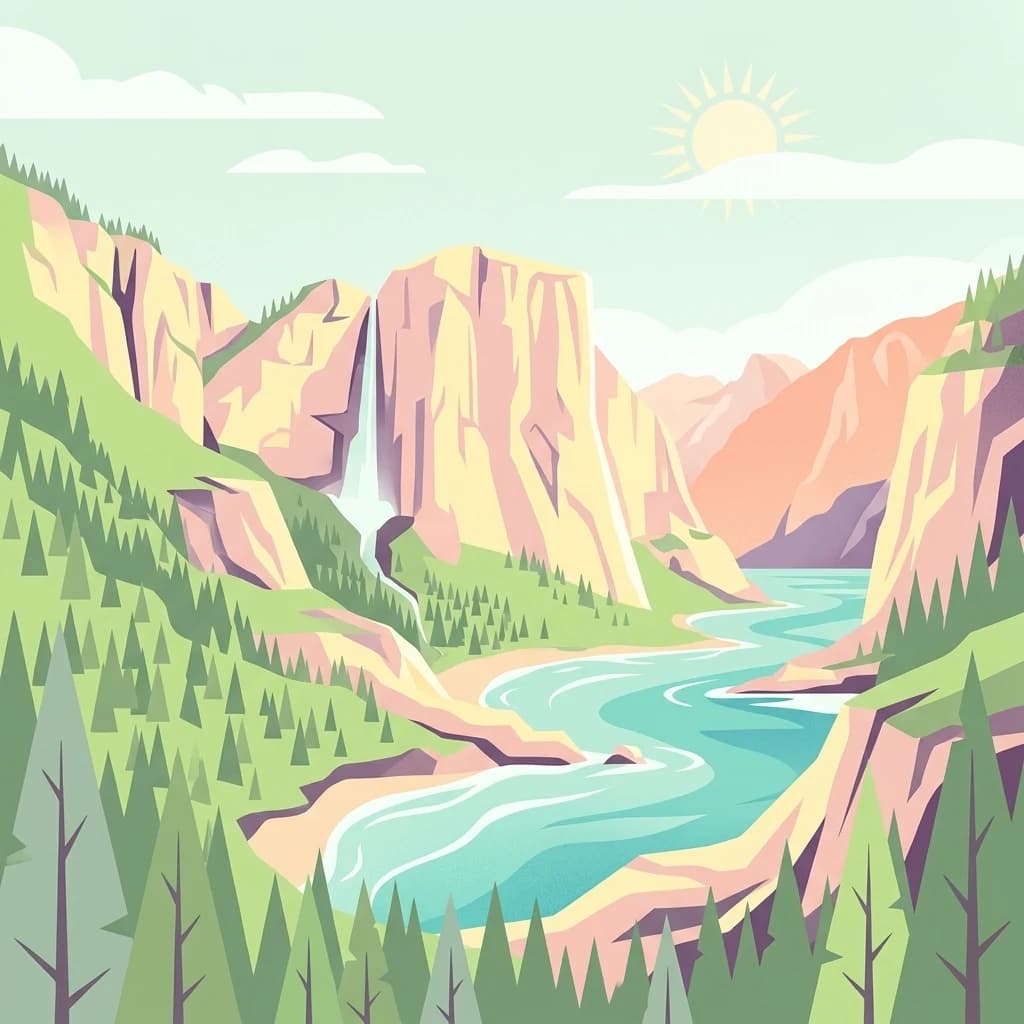 Illustration of a mountainous landscape featuring a winding river, waterfall, and forested hills under a sunny sky