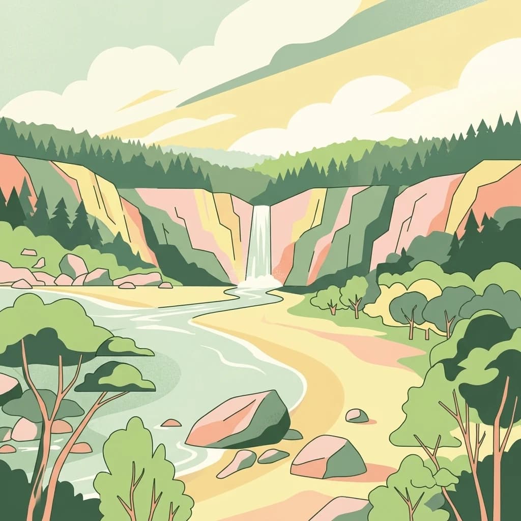 Ilustración de una cascada rodeada de acantilados boscosos, costa rocosa y río