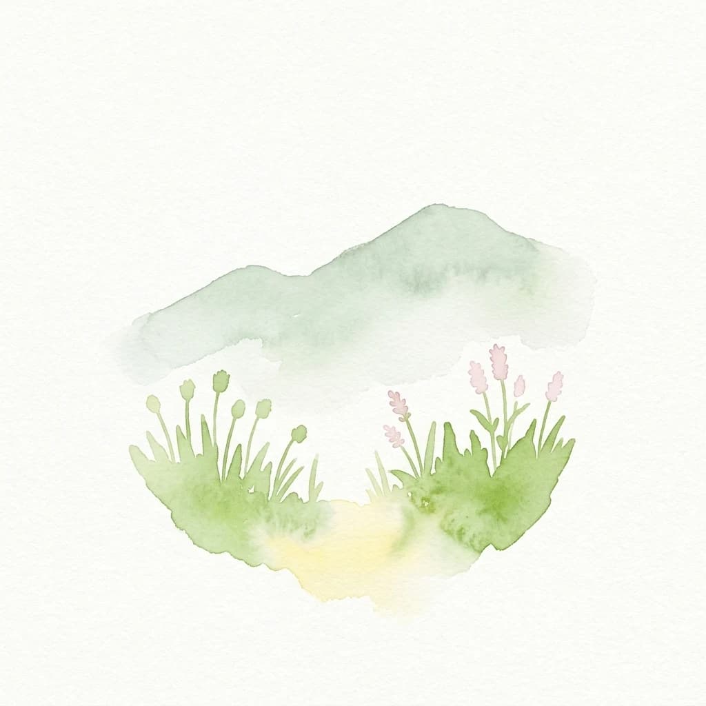 Watercolor painting of green grasses, pink flowers, and misty mountains