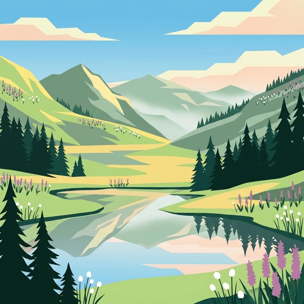 Stylized illustration of a mountain landscape with a lake, pine trees, wildflowers, and distant peaks under a clear sky