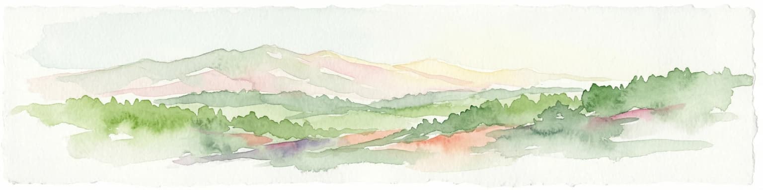 Watercolor painting of green forests, valleys, and distant mountains in the Carpathian Mountains