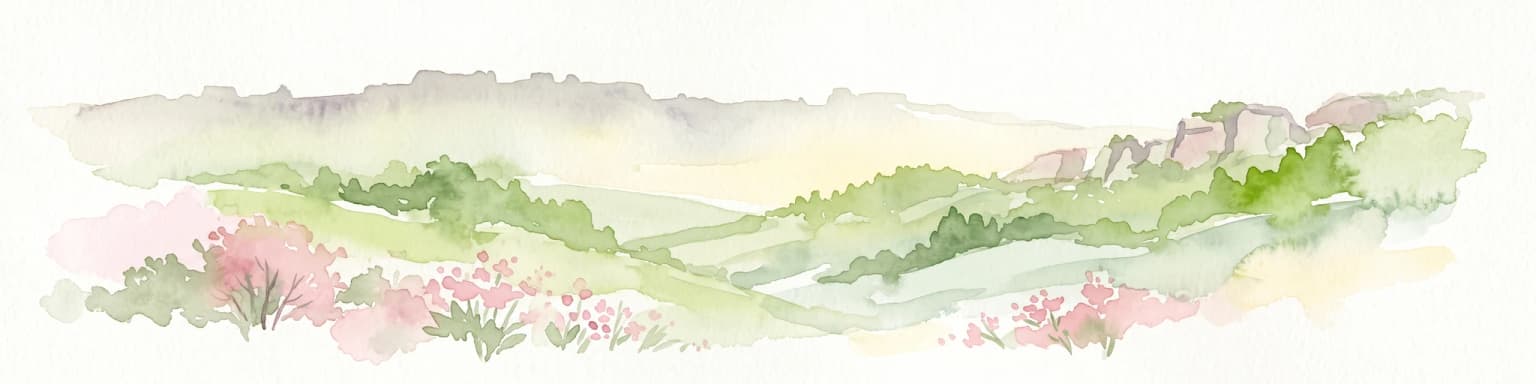 Una ilustración en acuarela de colinas onduladas con afloramientos de roca de yeso y arbustos en flor en primer plano.