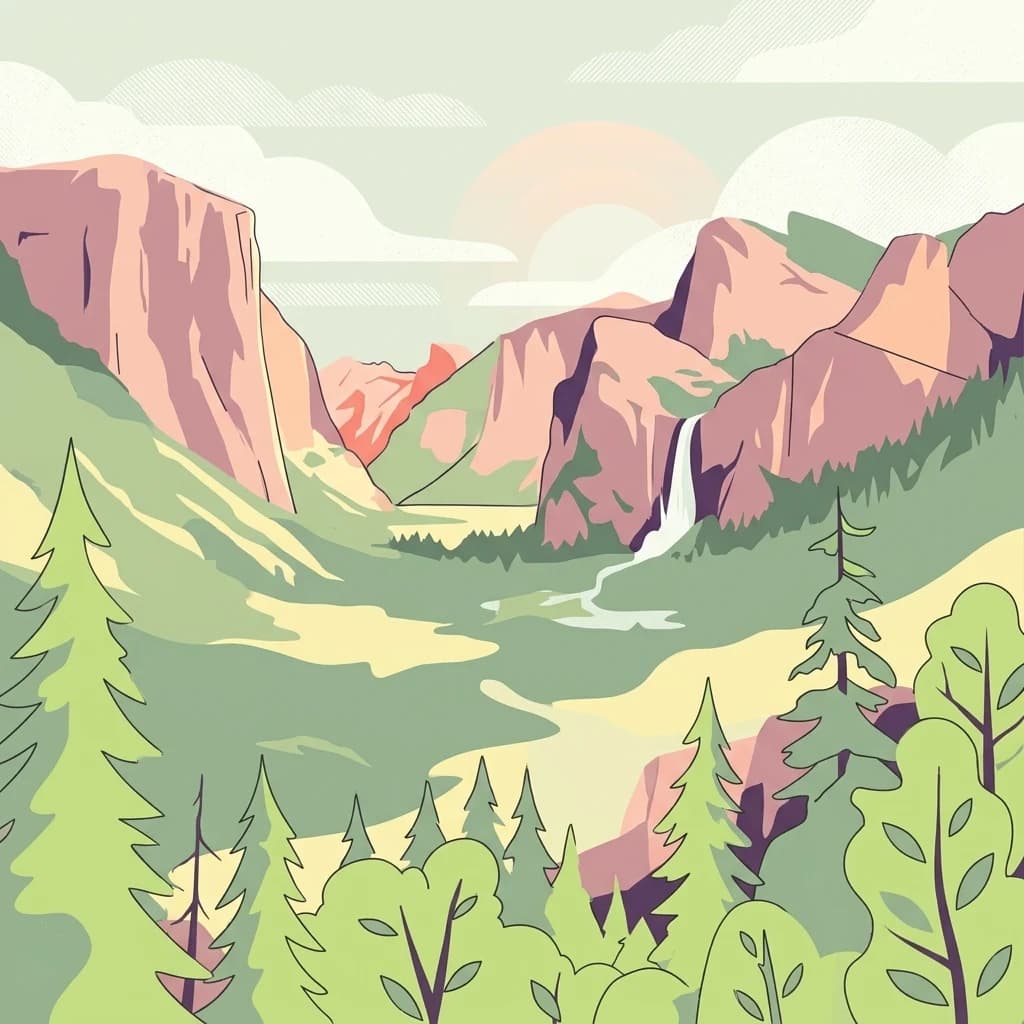 Ilustración estilizada de un paisaje montañoso con una cascada, valles boscosos y acantilados rocosos bajo un cielo parcialmente nublado