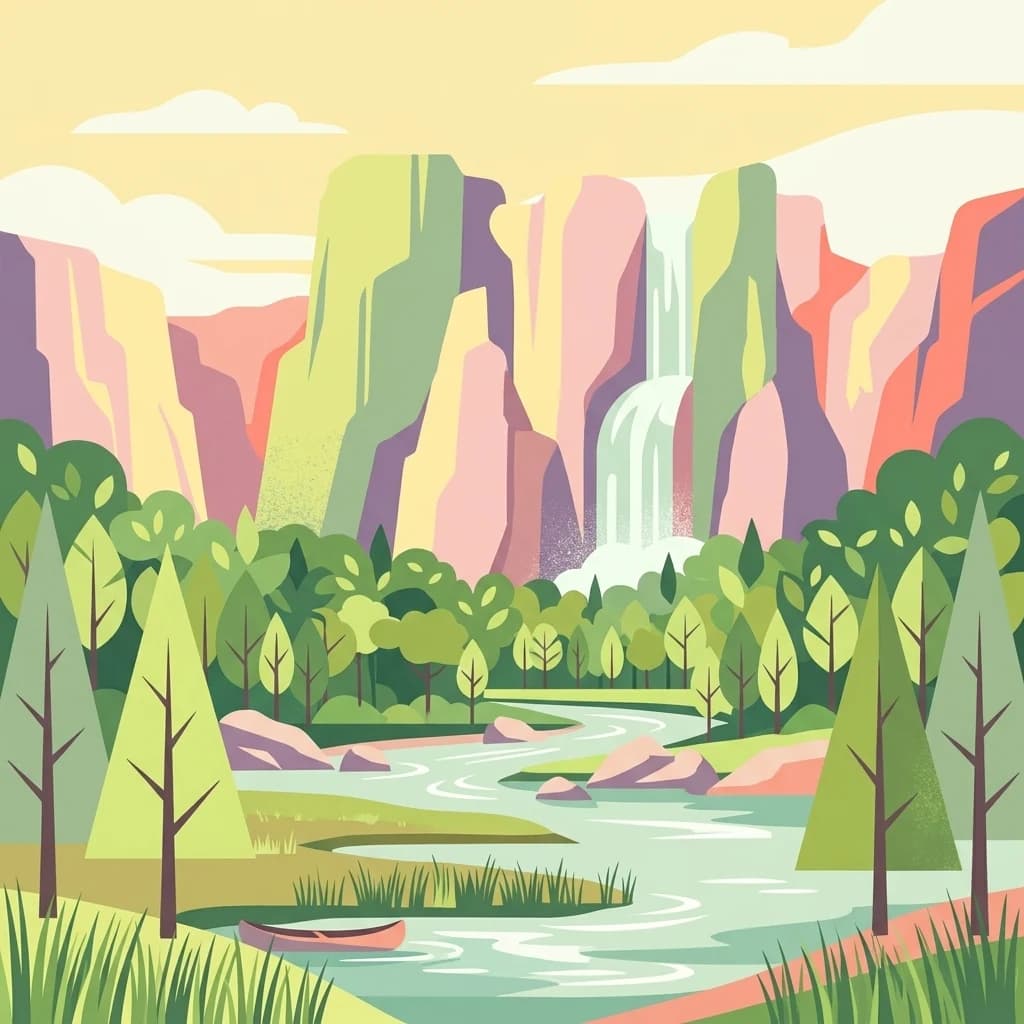 Ilustración estilizada de una cascada, un río y un bosque con montañas coloridas.