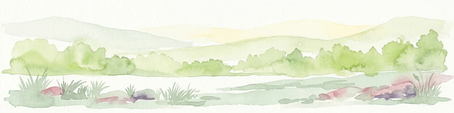 Ilustración acuarela de un paisaje con colinas ondulantes, vegetación verde y una masa de agua