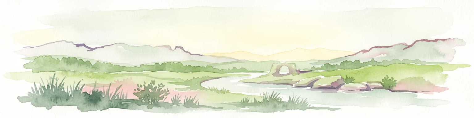 Una ilustración en acuarela de un paisaje silvestre pintoresco con colinas onduladas, un arroyo serpenteante, hierbas en primer plano y una distintiva formación rocosa en arco al fondo.