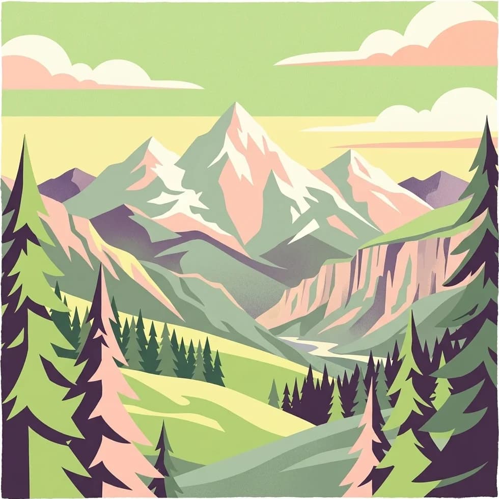 Illustration of a mountain range with snow-capped peaks, green valleys, and pine trees under a sky with clouds