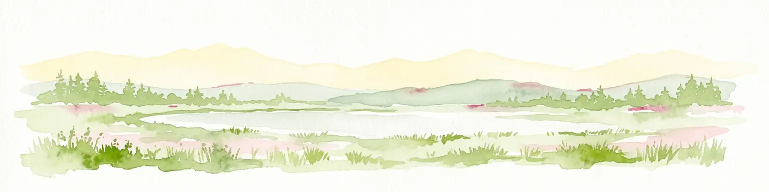 Una pintura en acuarela que muestra una vista panorámica y amplia de un humedal pantanoso con parches de vegetación verde, árboles pequeños y colinas bajas en la distancia.
