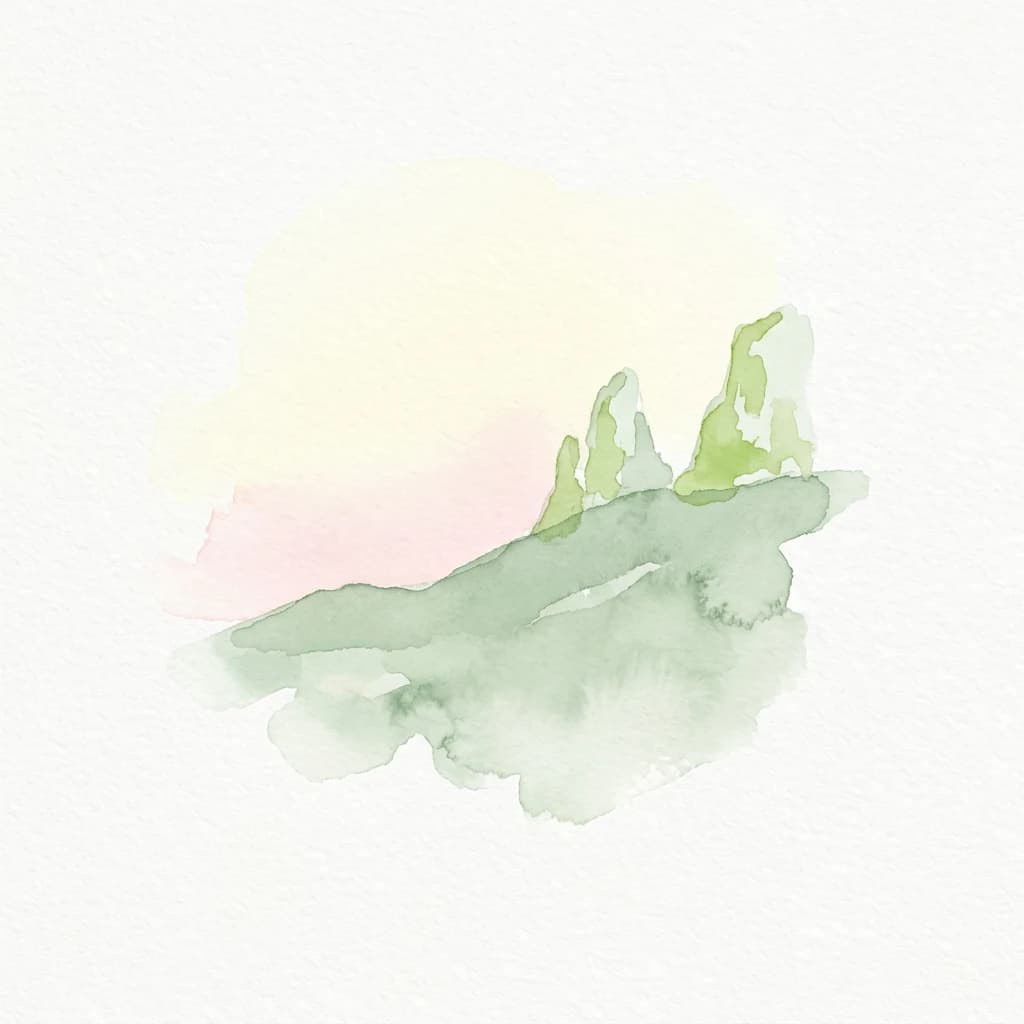 Watercolor illustration of green hills under a soft pink and yellow sky