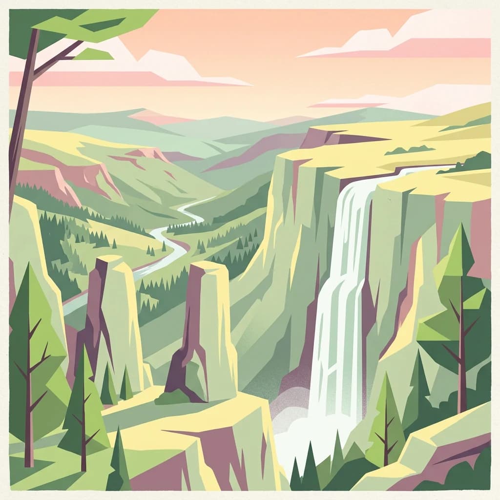 Stylized illustration of a mountain valley with cliffs, waterfall, and forested hills