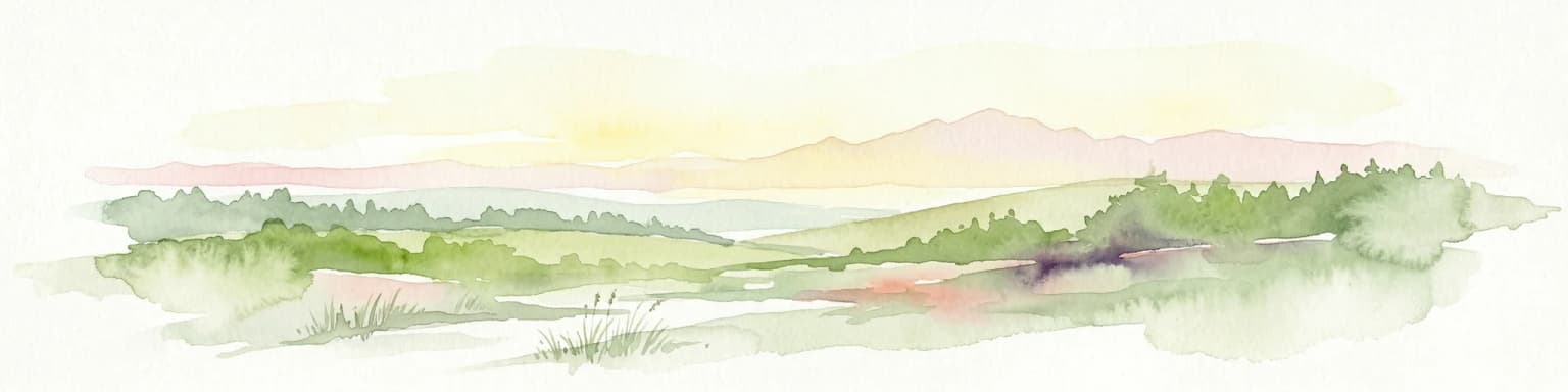 Watercolor illustration of green fields, a river, and mountains under a soft pink and yellow sky