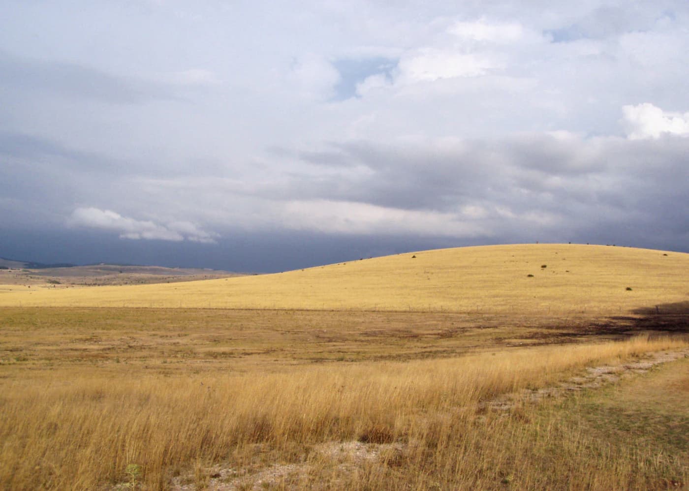 A wide grassy plateau under a partly cloudy sky with a narrow path visible on the right side